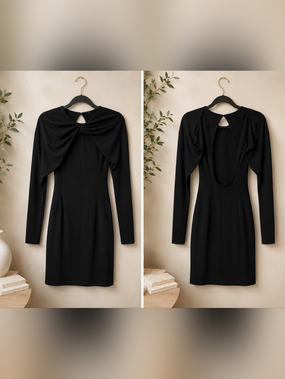 Zara Black Long-Sleeve Twist-Back Mini Dress
